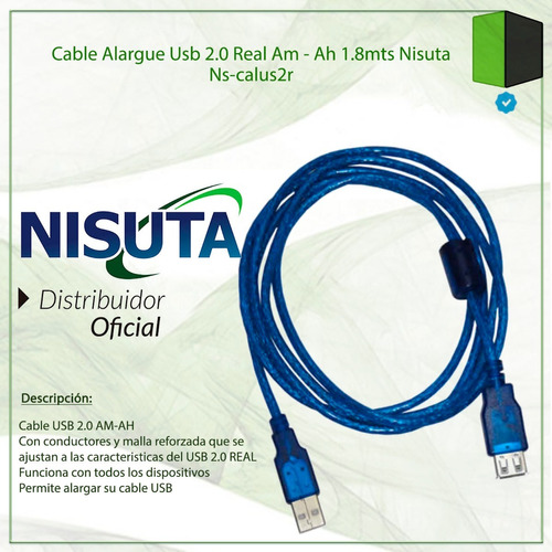 CABLE USB M-H 1.8M EXTENSION AZUL CON FILTRO NISUTA NS-CALUS2R