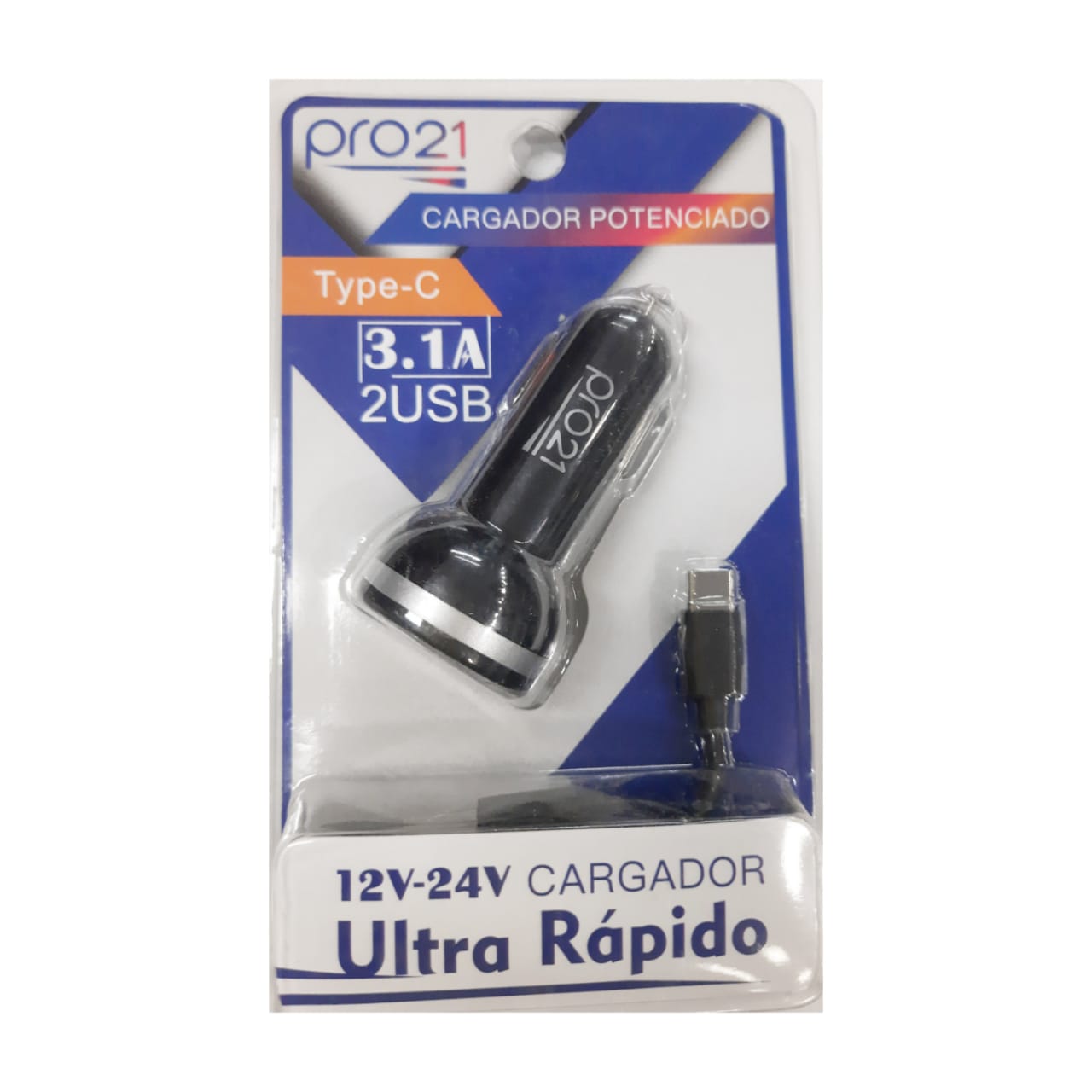 CARGADOR USB 12V 2 USB 3.1AMP PRO 21 C/CABLE TIPO C